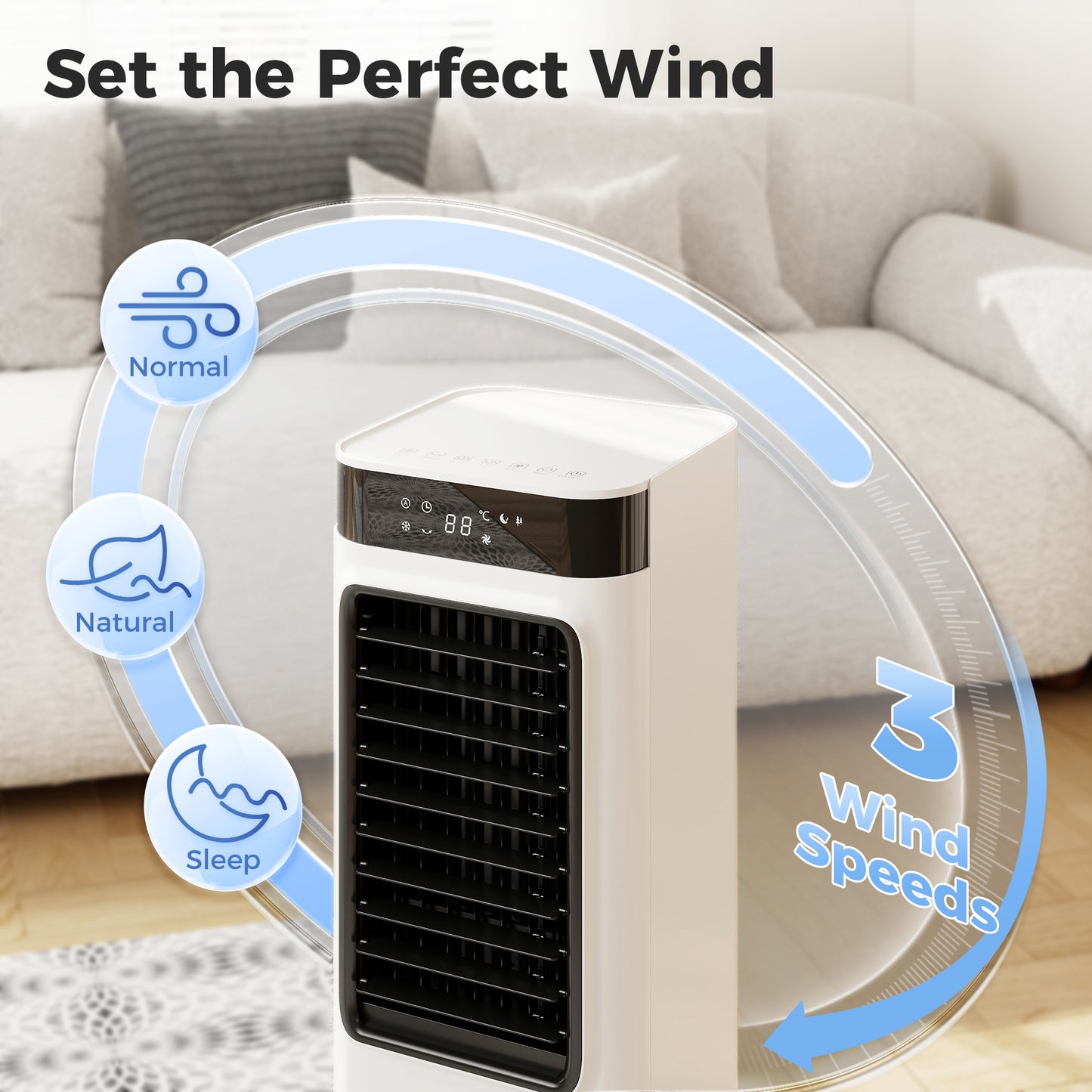 Portable Air Cooler, 3-In-1 Evaporative Air Cooler with 7 Litre Water Tank, 48° Oscillation, White