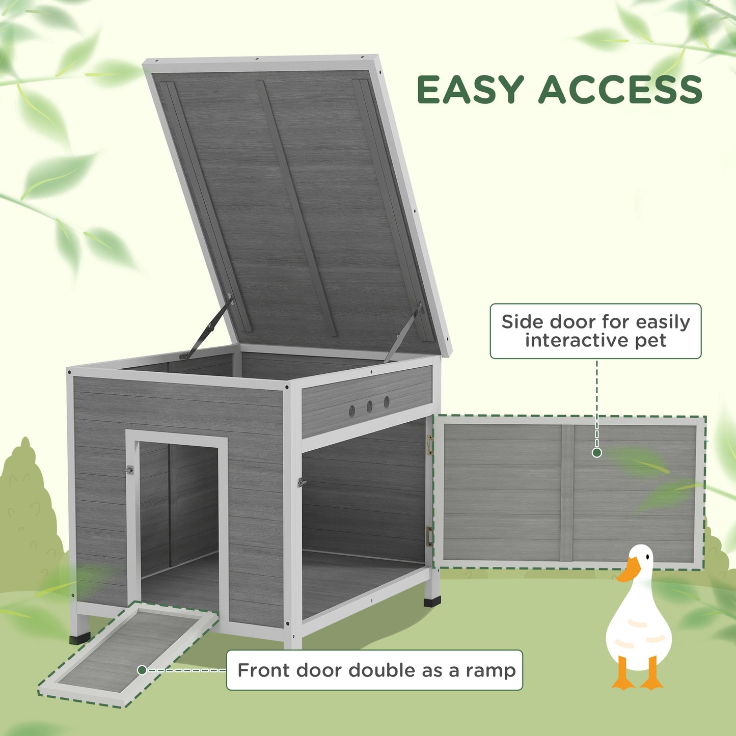 Wooden Duck House with Ramp, Double Doors, Openable Asphalt Roof, Ventilation Holes, Removable Base, Light Grey