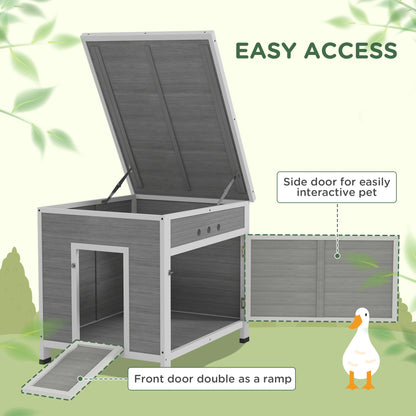 Wooden Duck House with Ramp, Double Doors, Openable Asphalt Roof, Ventilation Holes, Removable Base, Light Grey