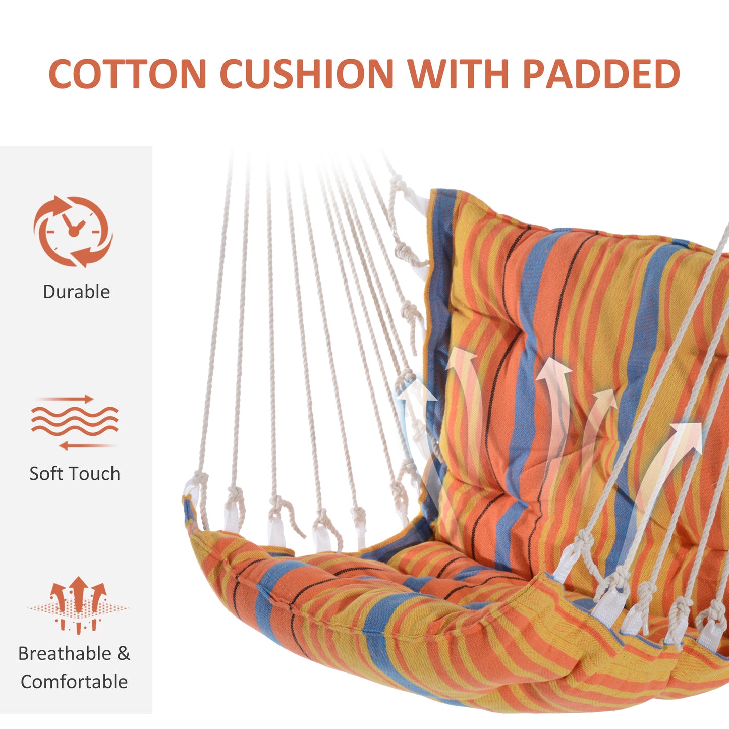 Outdoor Hanging Rope Chair with Soft Padded Seat & Backrest, Garden Hammock Chair with Wooden Support Bar Cotton Cloth