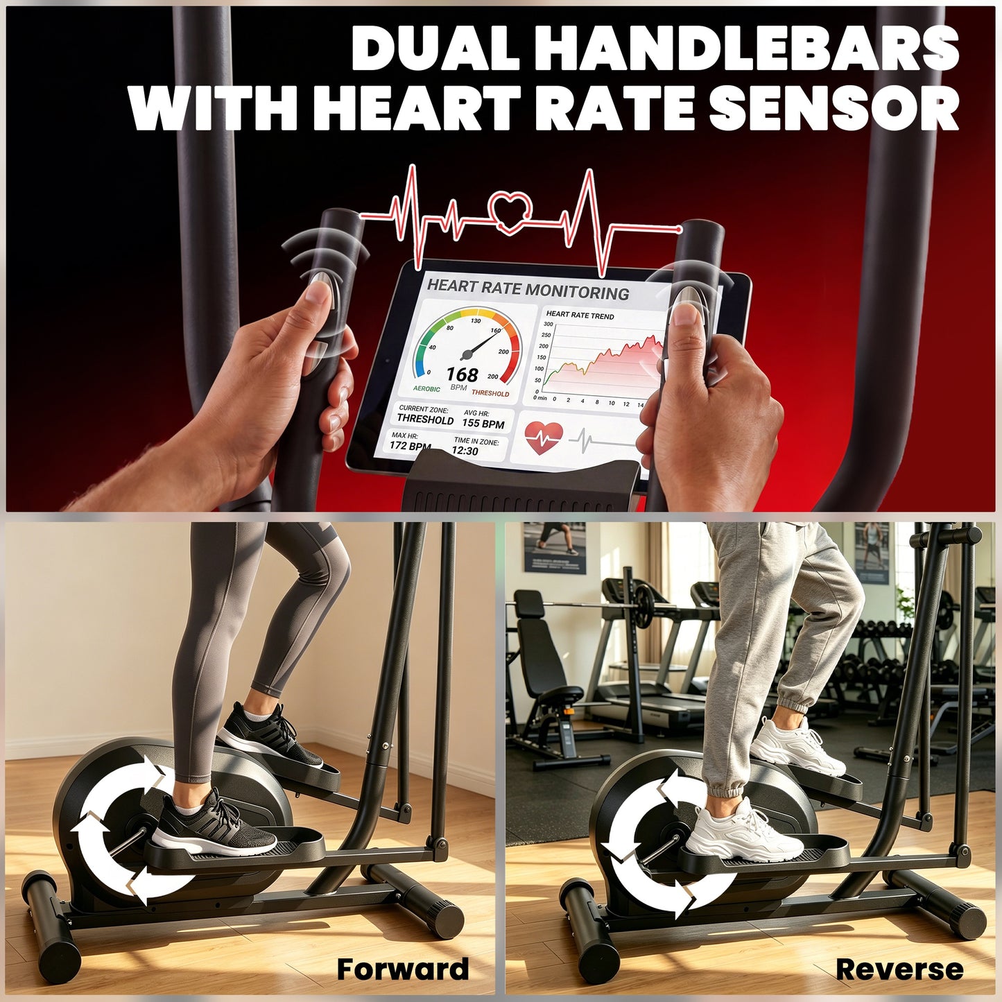 Elliptical Cross Trainer for Home, Quiet Magnetic Elliptical Machine with Bluetooth, App Compatible, 8-Level Resistance