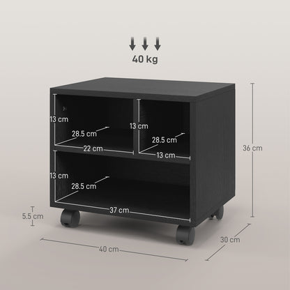 Three-Compartment Printer Cabinet, with Wheels - Black