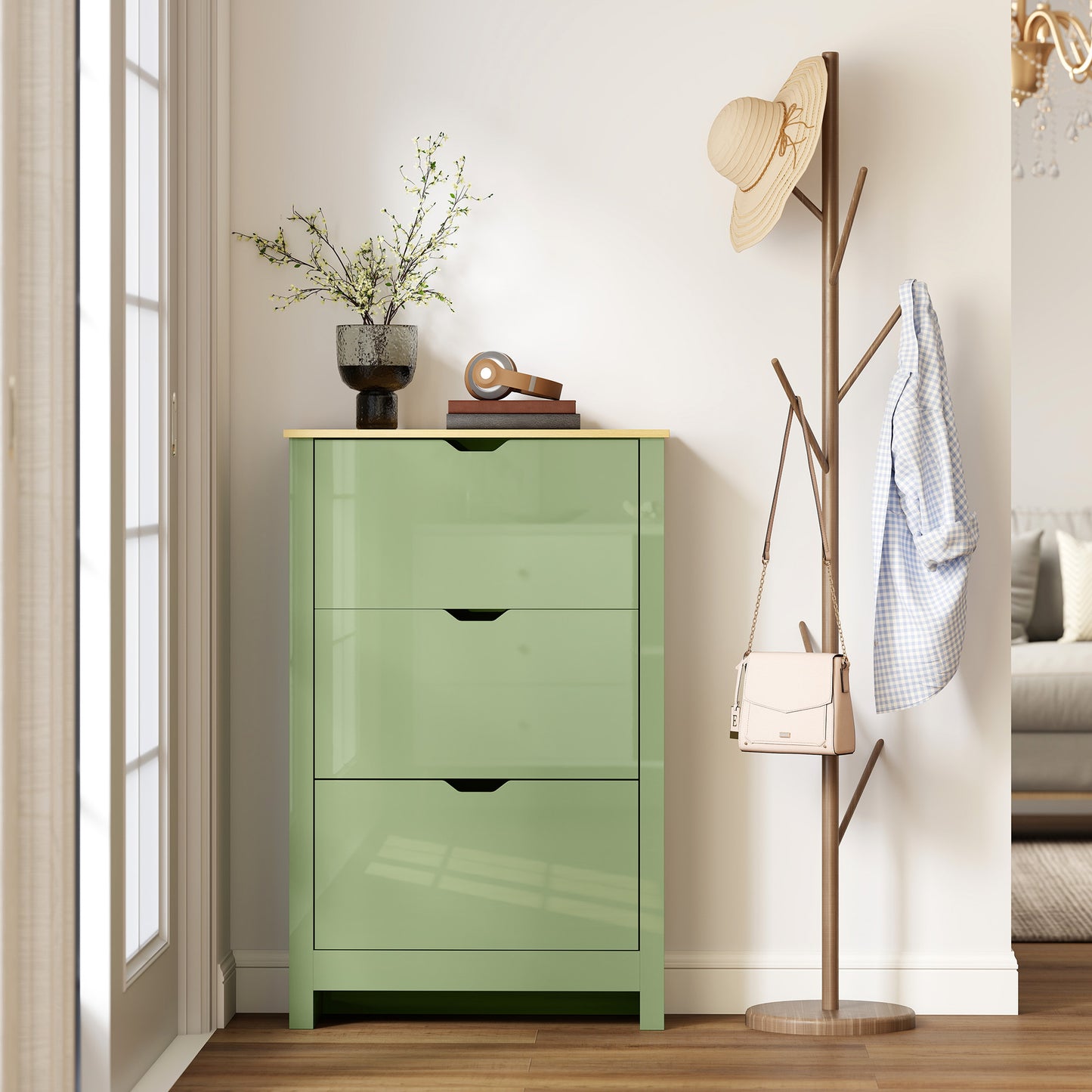 Slim Shoe Cabinet, Narrow Shoe Cupboard with 3 Flip Drawers, Adjustable Shelves for 18 Pairs of Shoes, High Gloss Green