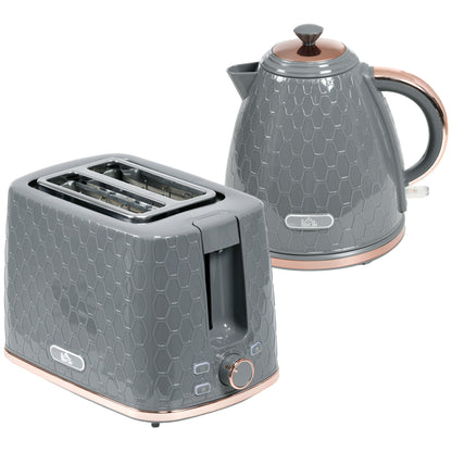 1.7L 3000W Fast Boil Kettle & 2 Slice Toaster Set, Kettle and Toaster Set with Auto Shut Off, Browning Controls, Grey