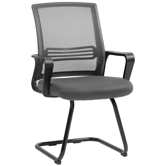 Padded Meeting Office Chair, Ergonomic Desk Chair No Wheels with Sled Base for Bedroom, Waiting, Reception, Dark Grey