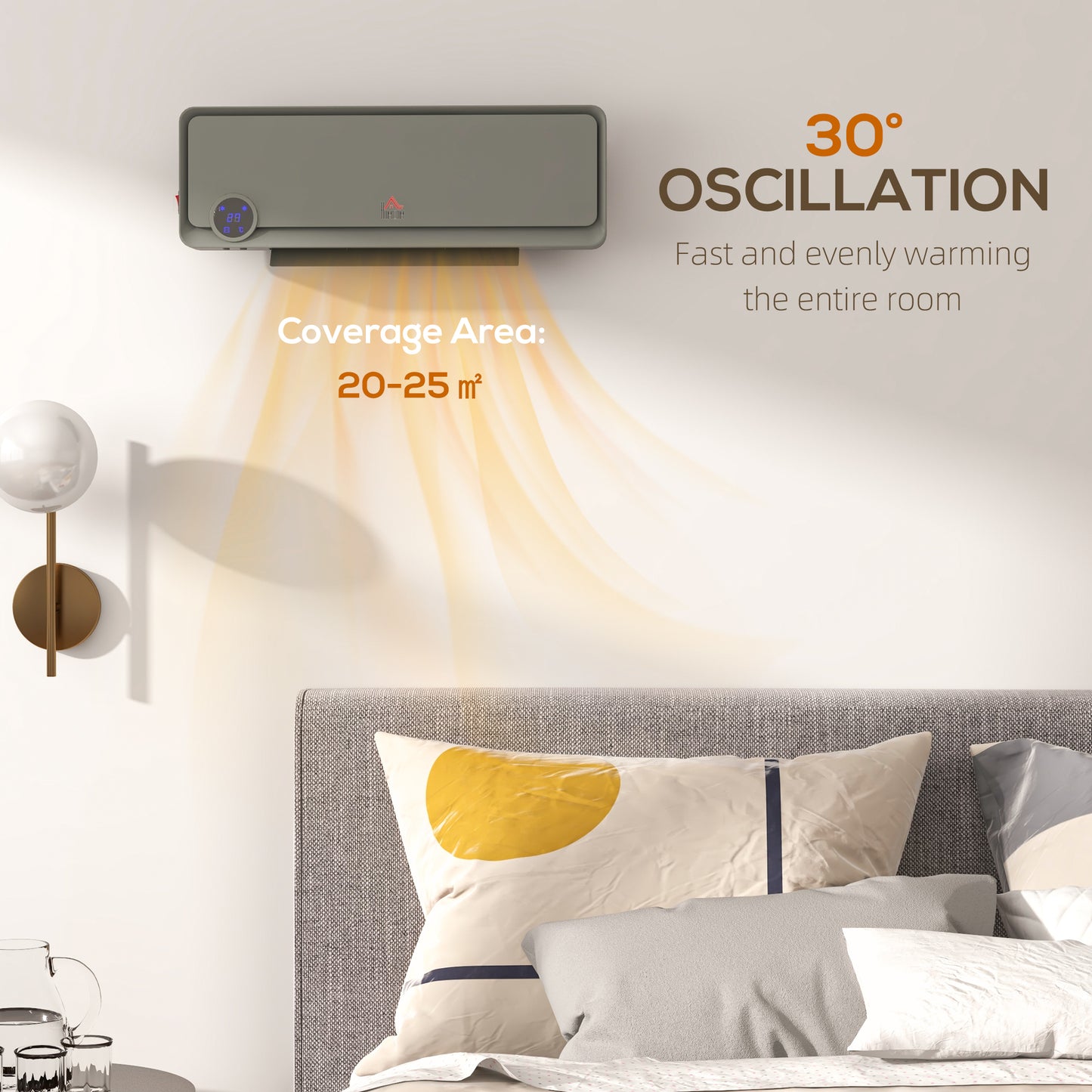 Wall Downflow Heater 2 Heat and Fan 1000W/2000W, Electric Space Heater with Timer Remote Oscillating