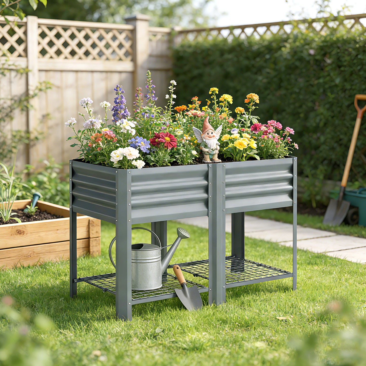 Raised Garden Bed with Storage Shelf Steel Elevated Planter Box with Legs for Outdoor Vegetables Flowers