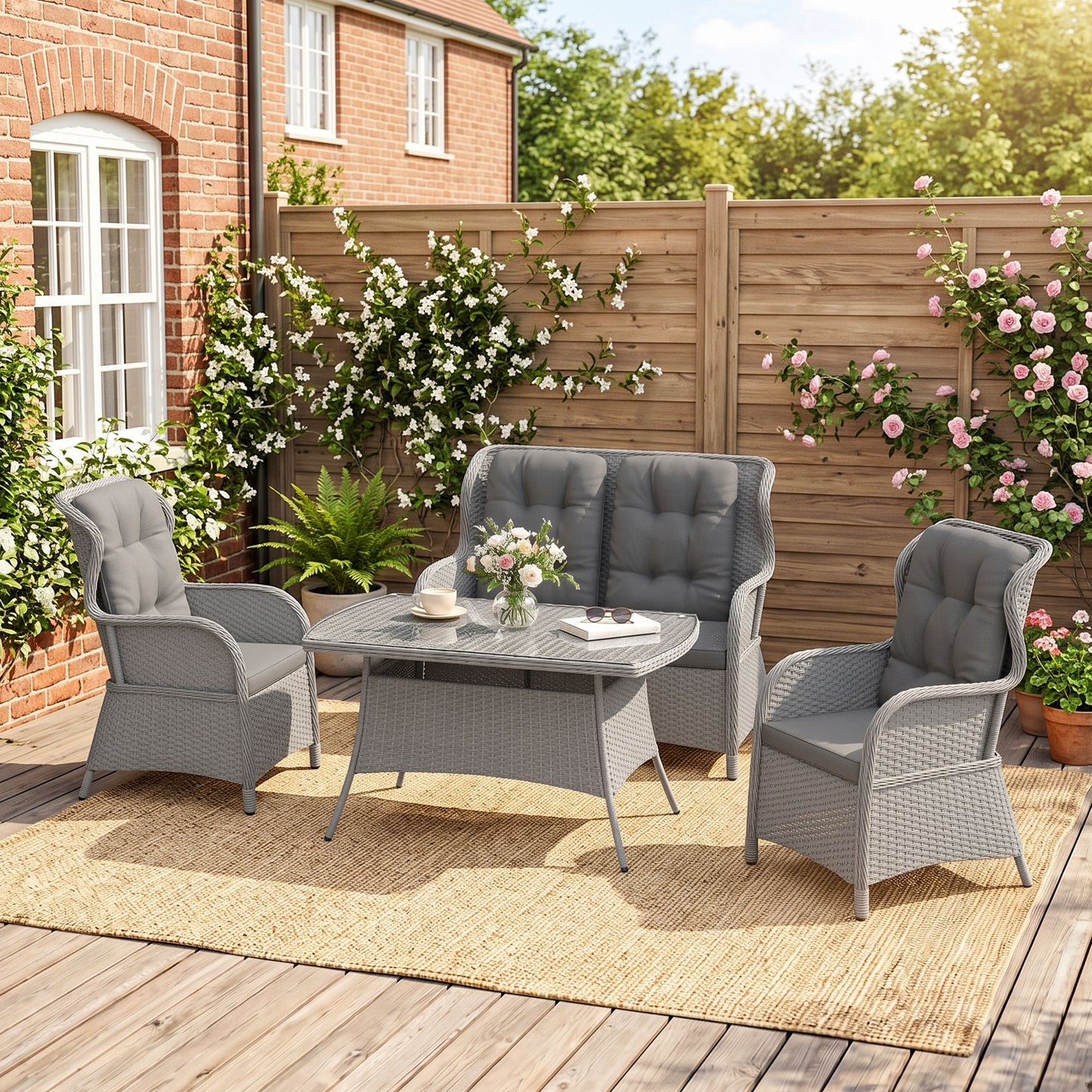 Garden PE Rattan Dining Sofa Set, Outdoor 4 Seater Wicker Furniture, High Back Chairs with Cushions