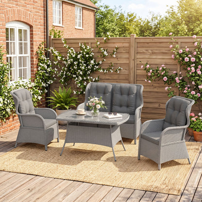 Garden PE Rattan Dining Sofa Set, Outdoor 4 Seater Wicker Furniture, High Back Chairs with Cushions