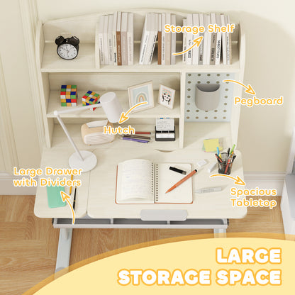 Kids Desk Height Adjustable with Tilt-Desktop, Hutch, Drawer, Storage Shelf, Pegboard, for 3-12 Years Old, Natural