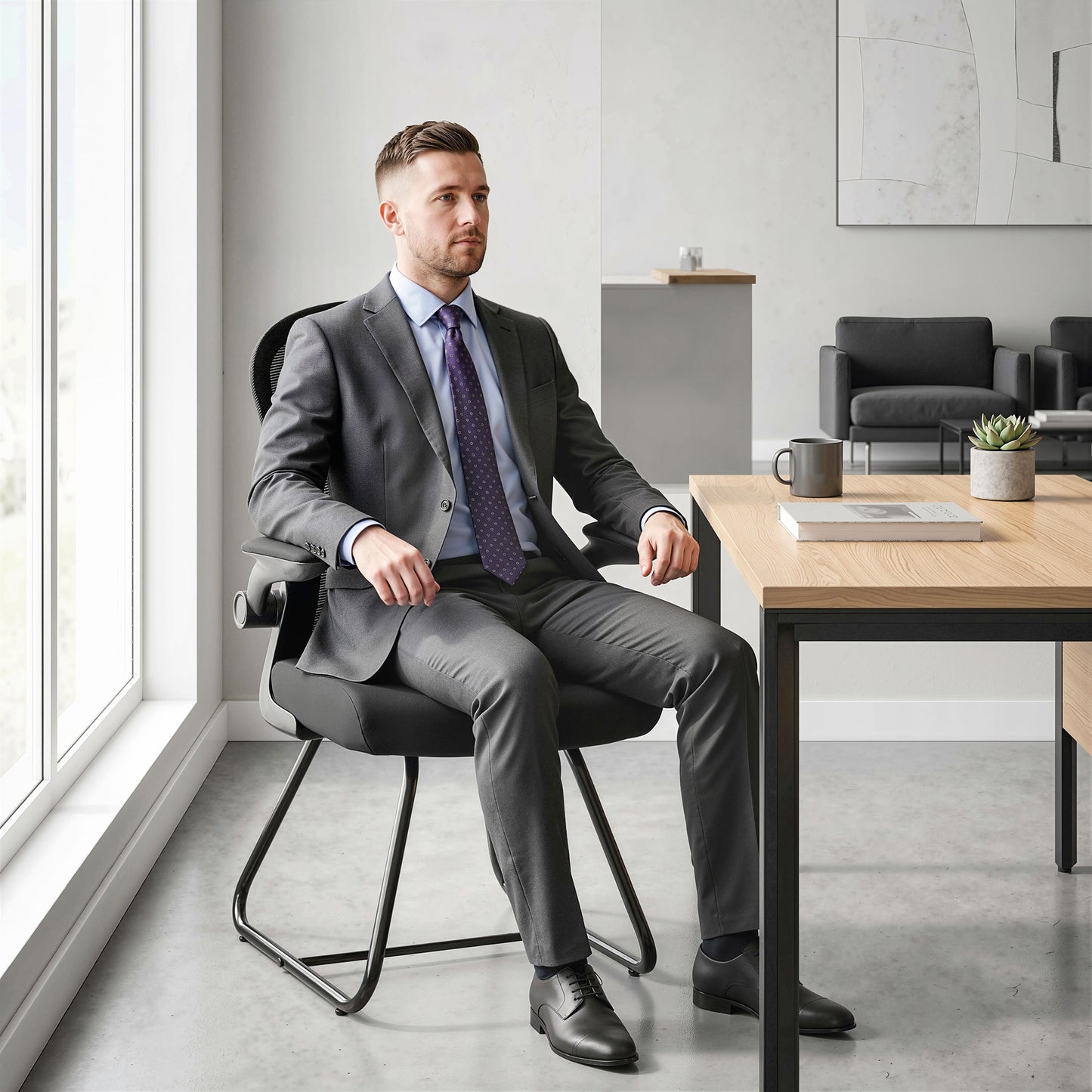 Reception Chair, Conference Meeting Office Chair with Flip-up Armrest, Mesh Backrest, Lumbar Support and Metal Base