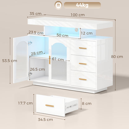 High Gloss Sideboard with LED Lights, Built-in Power Outlets, 3 Drawers, Shelves and 2 Acrylic Doors, White
