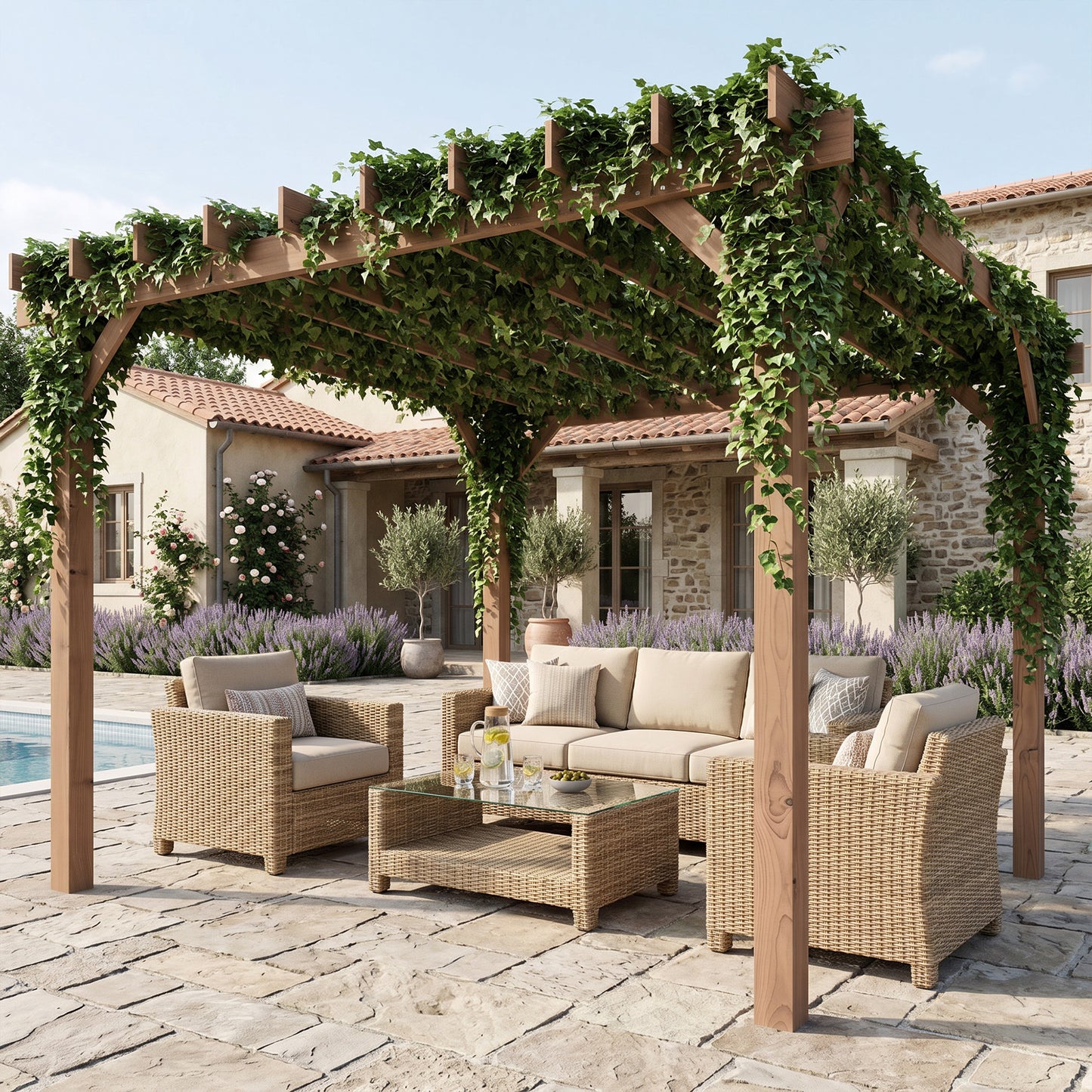 3 x 3 m Wooden Pergola Kit, Garden Pergola Gazebo Grape Trellis with Triangle Supports, Maple Wood-effect
