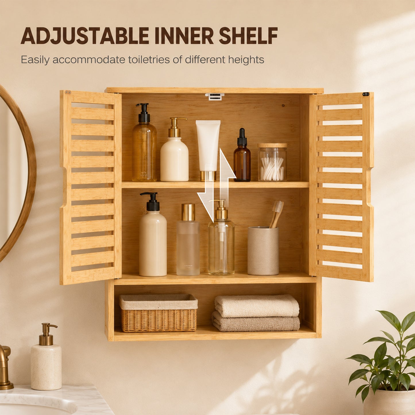 Bathroom Wall Cabinet, Wall Mounted Bathroom Cabinet with 2 Louvered Doors, Open Shelf and Adjustable Shelf Storage