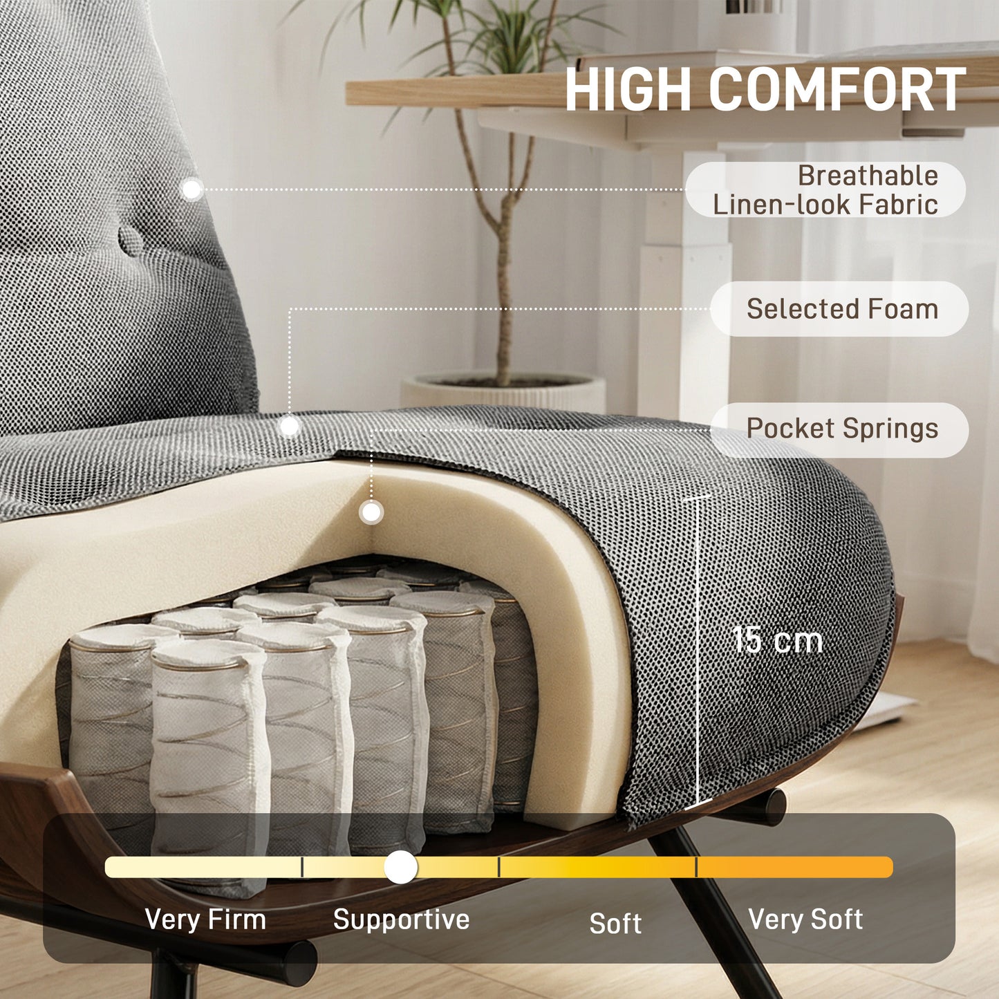Accent Chair, Linen-look Fabric Reading Chair with Spring Cushion, Slatted Support, Steel Frame, Dark Grey