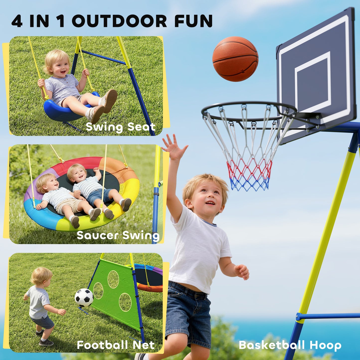 4-in-1 Kids Swing Set with Saucer Swing, Basketball Hoop and Football Goal, Outdoor Playground Playset for Garden