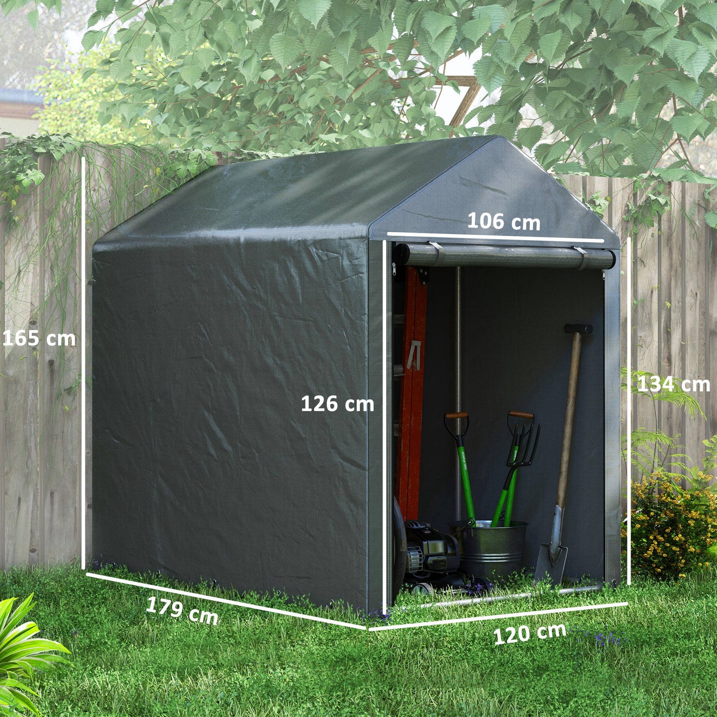 179 x 120cm Temporary Garden Shed, with Weather-resistant Plastic Cover and Accessories - Dark Grey