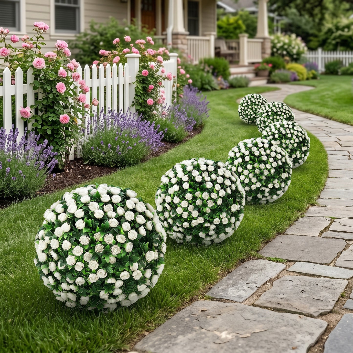Artificial Rose Topiary UV Resistant, 2-Pack Fake Plants, 55 cm, White