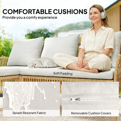 3 Piece Rattan Garden Furniture Corner Sofa Set with Chaise Lounge, Loveseat, Glass Coffee Table, Cushions, Natural Wood
