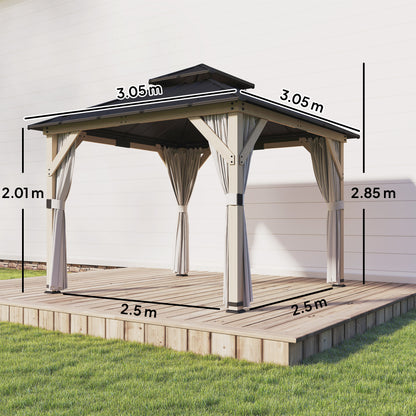 3 x 3 m Outdoor Hardtop Gazebo Canopy with 2-Tier Steel Roof, Wood Garden Gazebo with Curtains, Light Grey