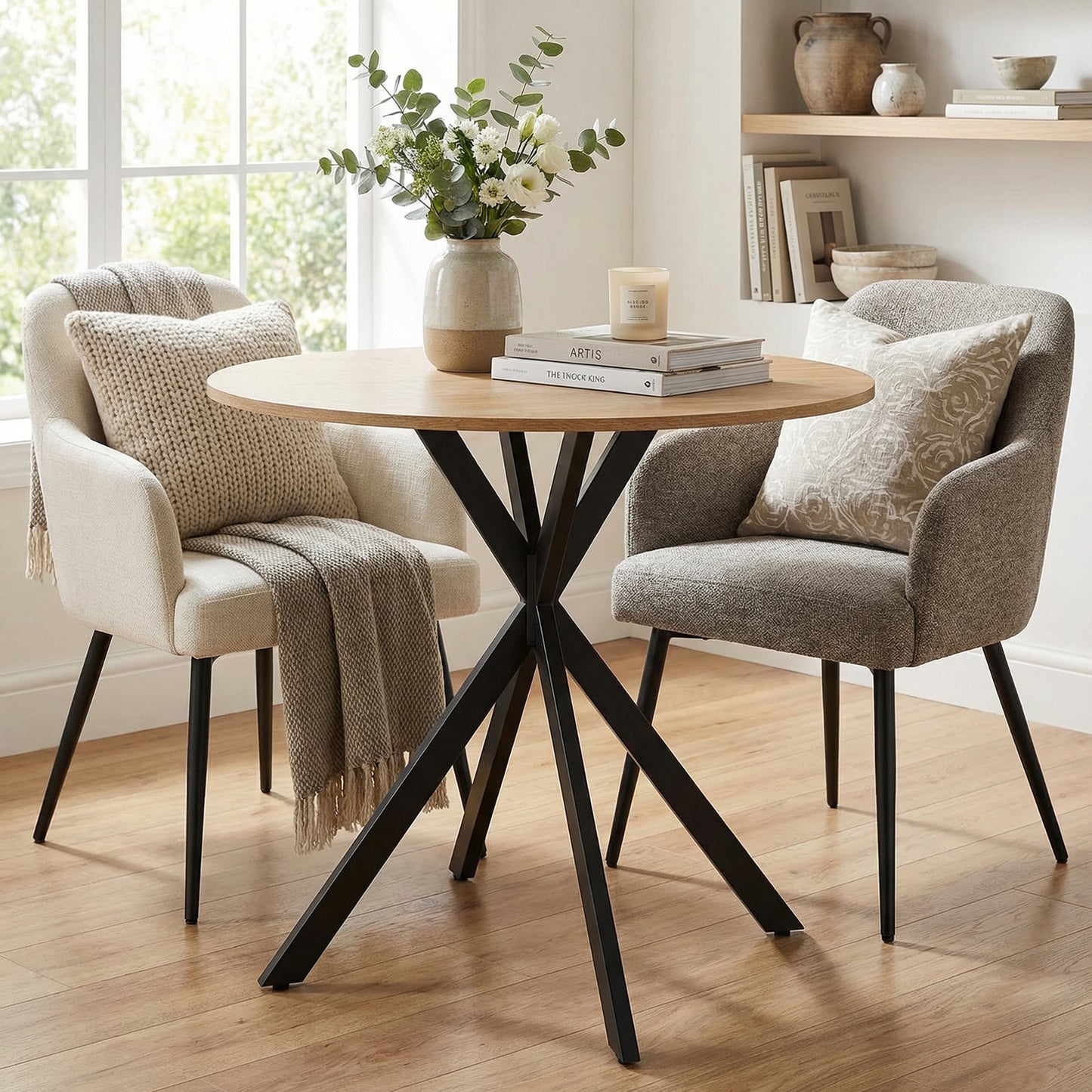 80cm Industrial Round Dining Table - White Oak