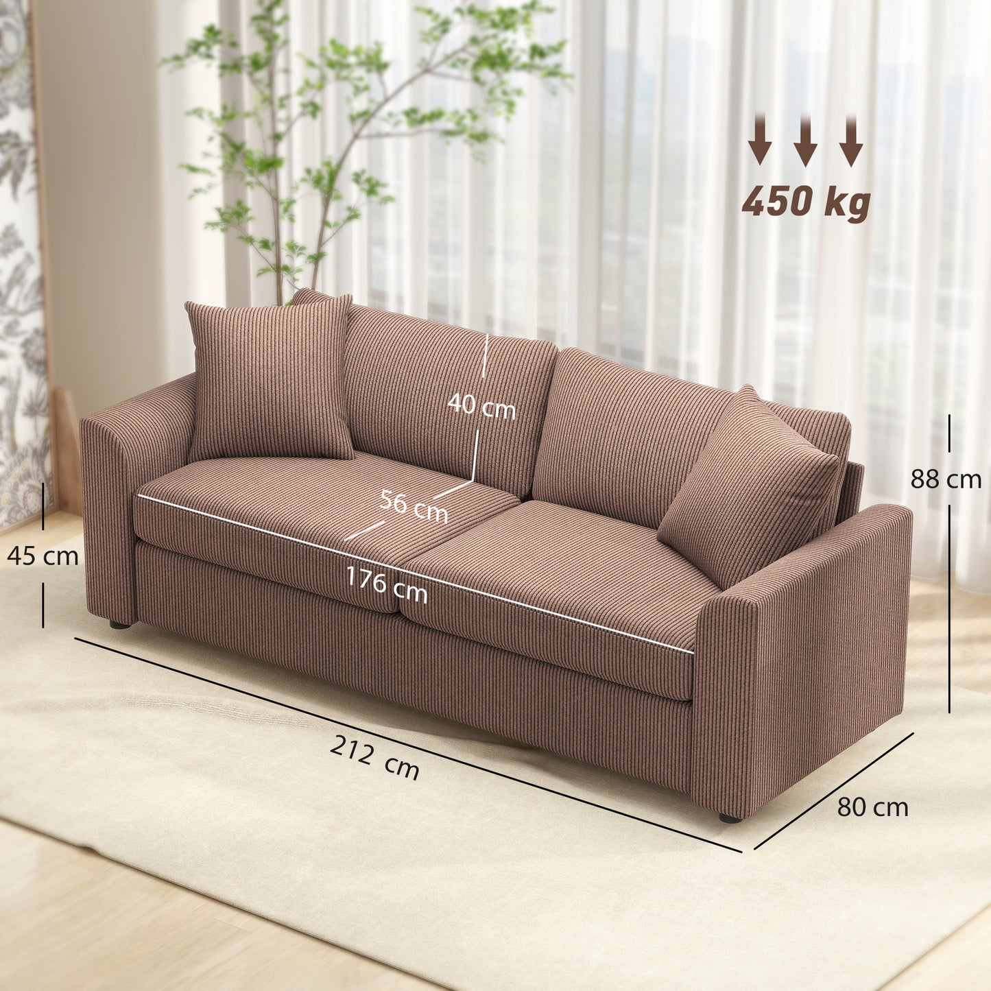 3 Seater Sofa, 212cm Corduroy Couch with Spring Cushion, Wide and Deep Seat, Plush Backrest, 2 Pillows