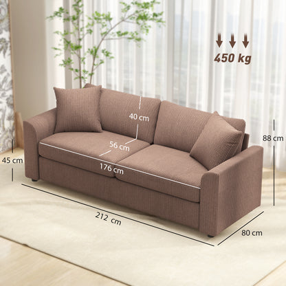 3 Seater Sofa, 212cm Corduroy Couch with Spring Cushion, Wide and Deep Seat, Plush Backrest, 2 Pillows
