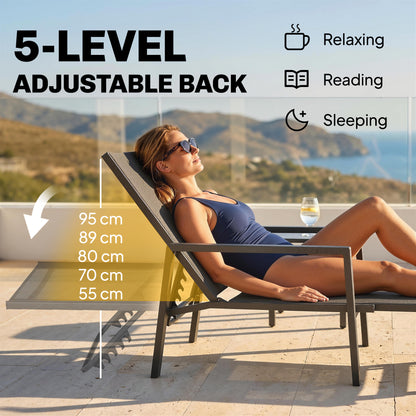 Sun Lounger Retractable Footrest 5-Position Adjustable Steel Frame for Beach, Porch, Patio, Camping, Black