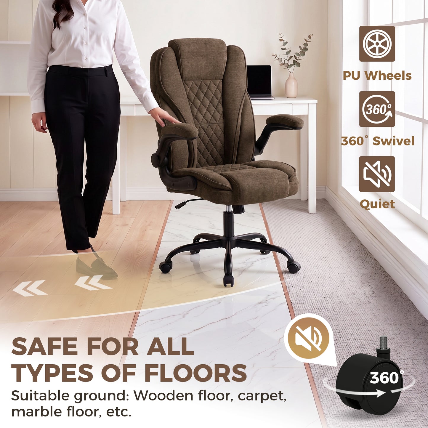 Office Chair, Ergonomic Desk Chair with Flip-up Armrest, Pocket Springs, Swivel Wheels, Adjustable Height, Brown