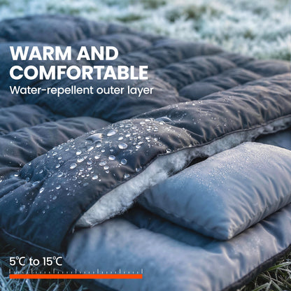 Double Sleeping Bag with 2 Pillows, 220 x 160 cm Extra-Large Sleeping Bag for Adults, Black