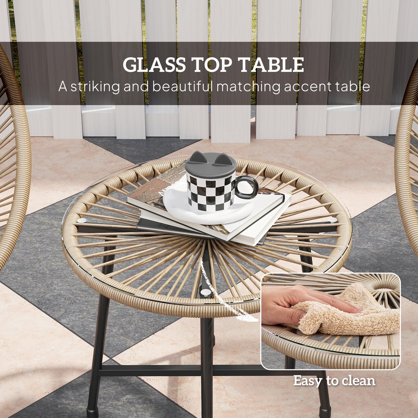 3 Pieces Rattan Bistro Set, Garden Bistro Set with Acapulco Chairs and Glass Top Table, Small Garden Furniture Set