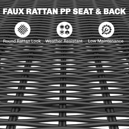 Garden Dining Set for 6, Faux Wood Metal Outdoor Table and Stackable Chairs with Plastic Rattan Effect Seat, Black