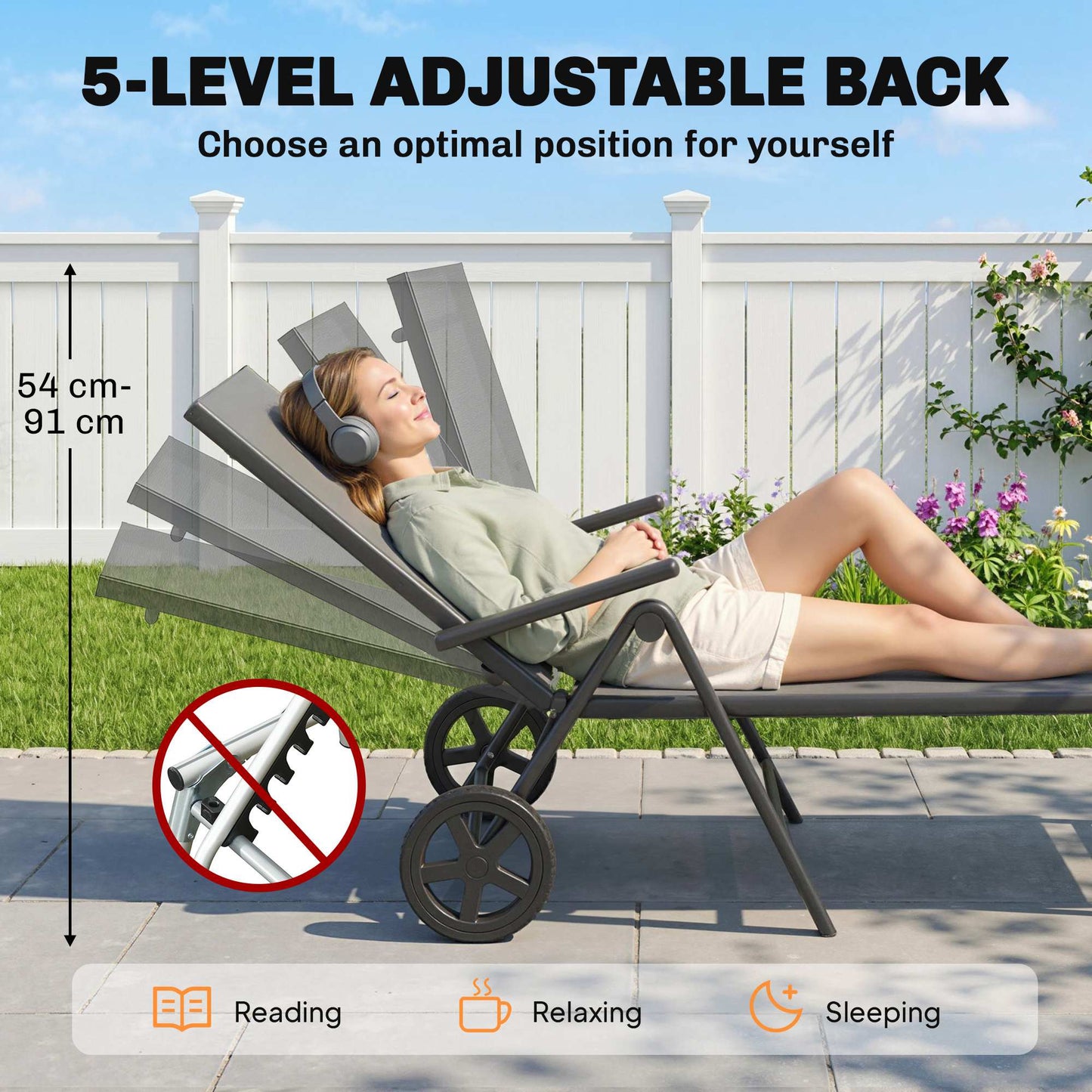 Five-Position Reclining Sun Lounger - Grey