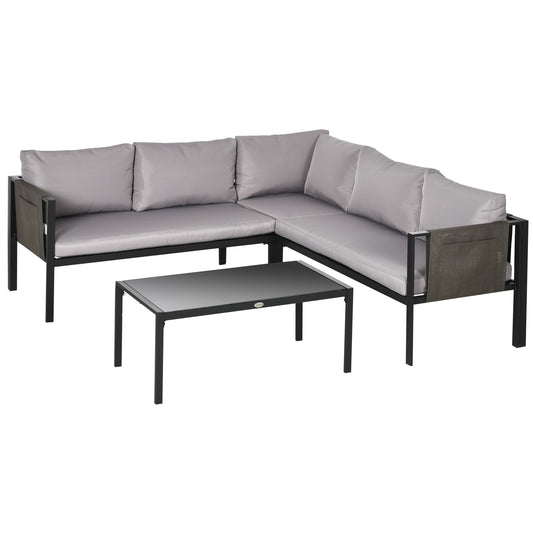 5 Seater Garden Corner Sofa Set, 4 Pieces Metal Garden Furniture Set with Loveseats, Glass Top Coffee Table