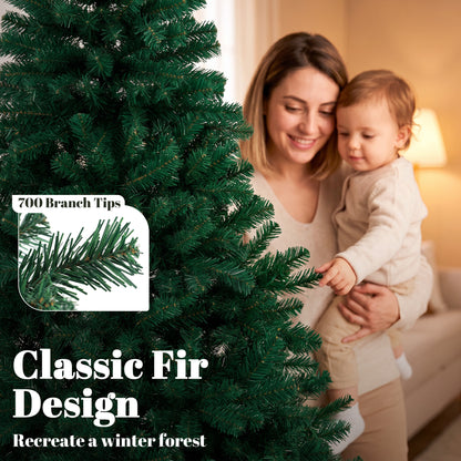6ft Artificial Christmas Tree, Fir Hinged Xmas Tree with 700 Branch Tips, Foldable Steel Stand, Green