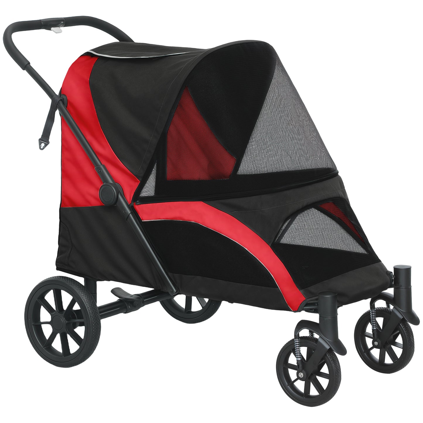 Foldable Pet Stroller for Large Dogs with Four Big Wheels, Shock-Absorbing Frame, Safety Leashes, Brakes, Red/Black
