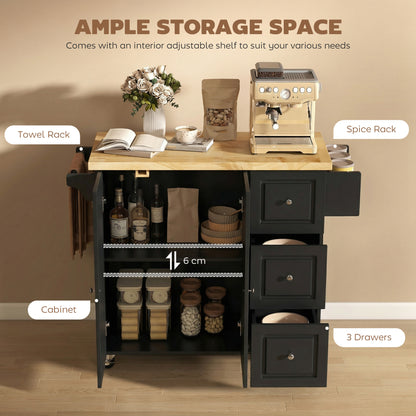 Kitchen Island on Wheels, Rolling Kitchen Storage Trolley with Drop Leaf, Drawers, Towel and Spice Rack, Black