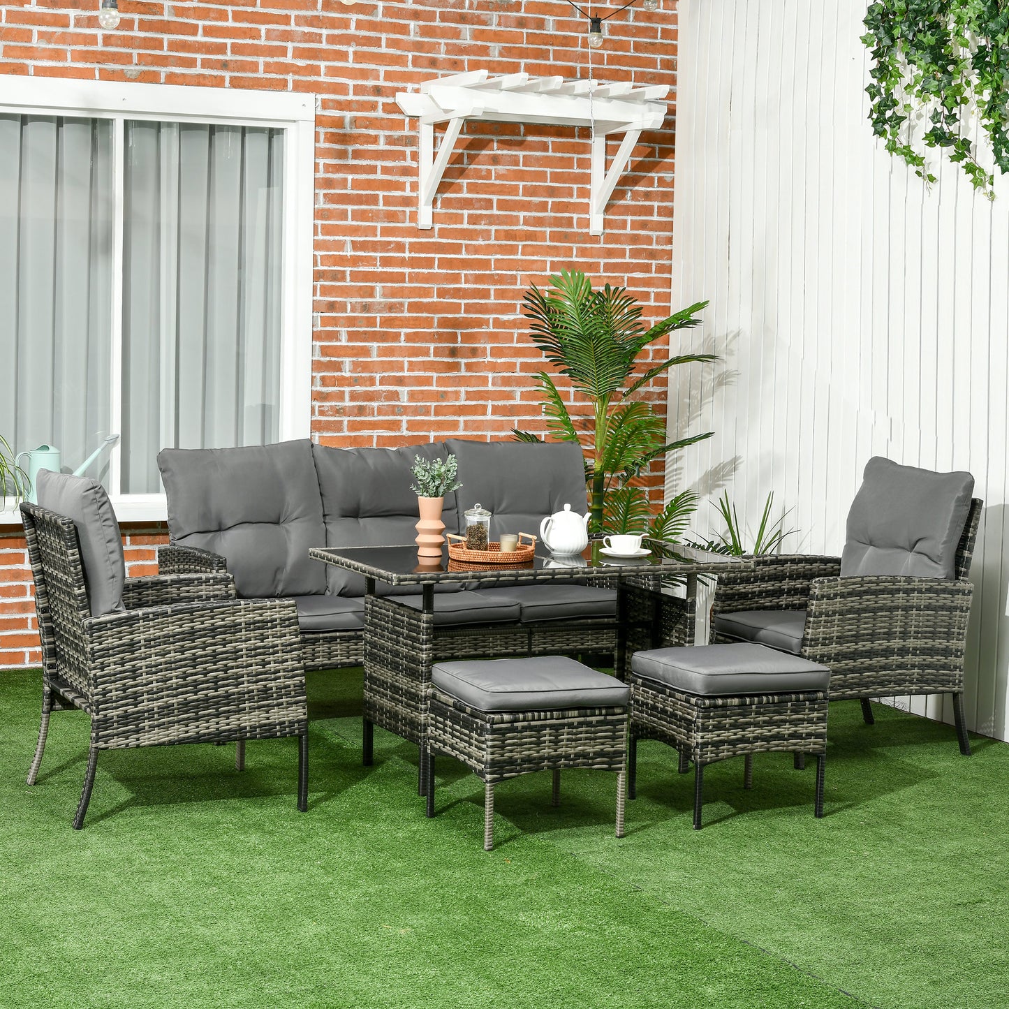 5 Seater Rattan Garden Furniture Set, 2 Armchairs, 3-Seater Wicker Sofa, 2 Footstools and Glass Table