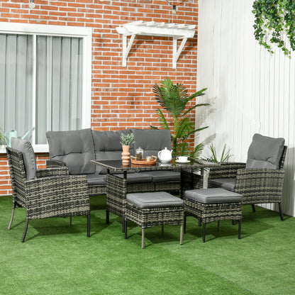 5 Seater Rattan Garden Furniture Set, 2 Armchairs, 3-Seater Wicker Sofa, 2 Footstools and Glass Table