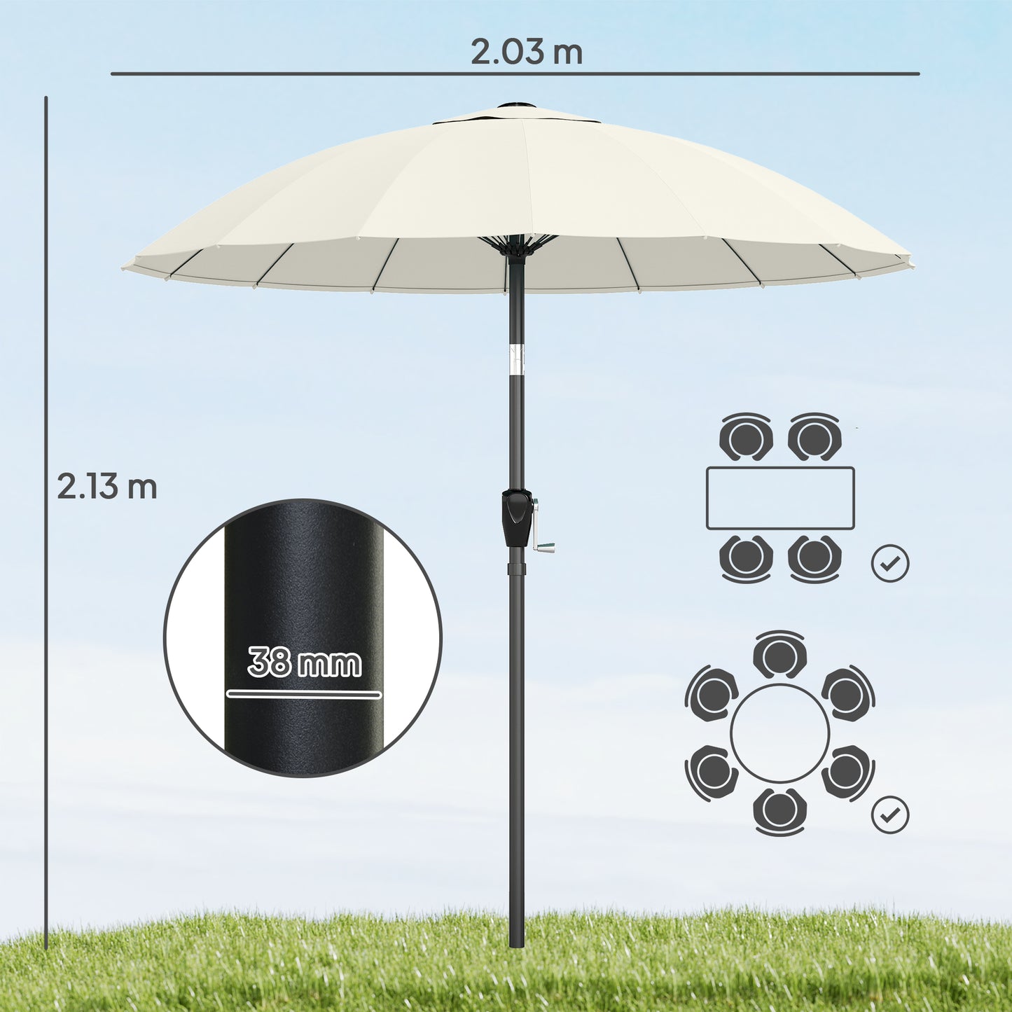 2 m Shanghai Garden Parasol Umbrella with 16 Fibreglass Ribs, Outdoor Parasol Sun Shade with Crank & Tilt, Cream White