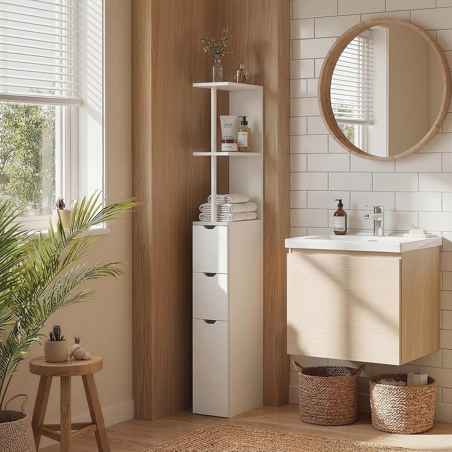 Slim Bathroom Storage Cabinet with Drawers, Tall Bathroom Cupboard with 2-Tier Shelf, White
