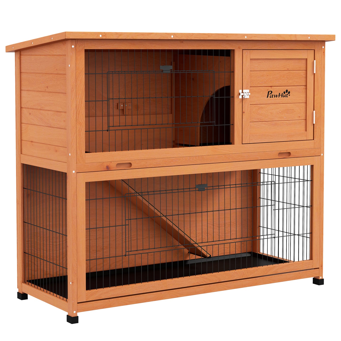 Two-Tier Antiseptic Wood Rabbit Hutch, 102cm Guinea Pig Hutch with Run - Orange
