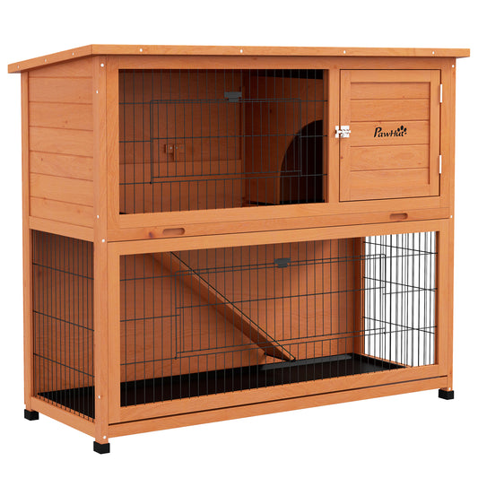Two-Tier Antiseptic Wood Rabbit Hutch, 102cm Guinea Pig Hutch with Run - Orange