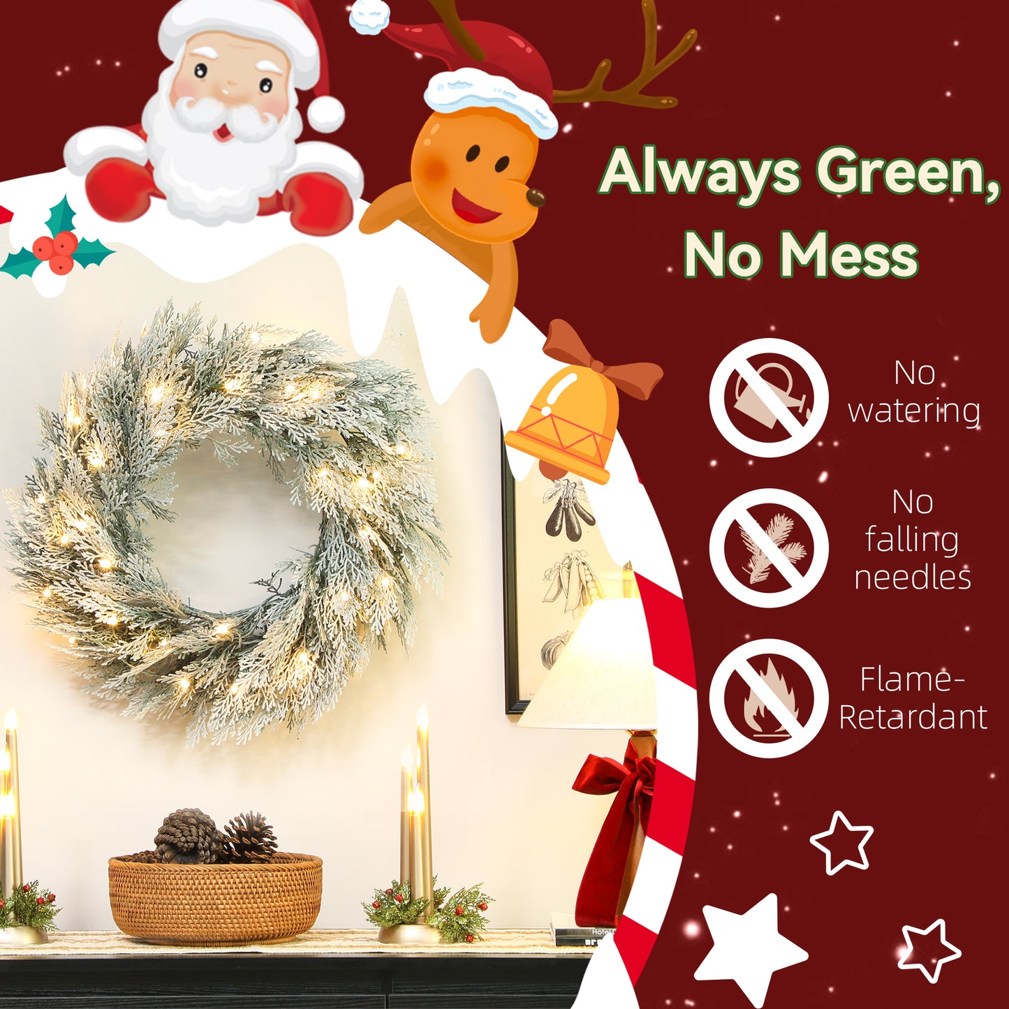 60cm/ 24inch Flocked Prelit Christmas Wreath