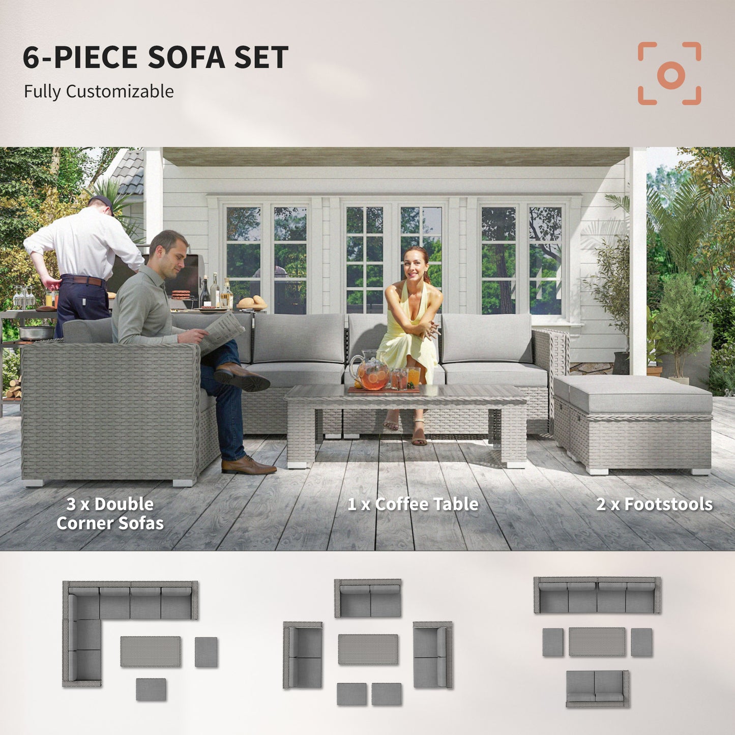 6 Pieces Outdoor PE Rattan Wicker Corner Sofa Set with 10cm Thick Padded Cushions