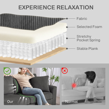 3 Seater Sofa, 212cm Corduroy Couch with Spring Cushion, Wide and Deep Seat, Plush Backrest, 2 Pillows
