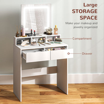 Storage Dressing Table, with LED Light Mirror - White