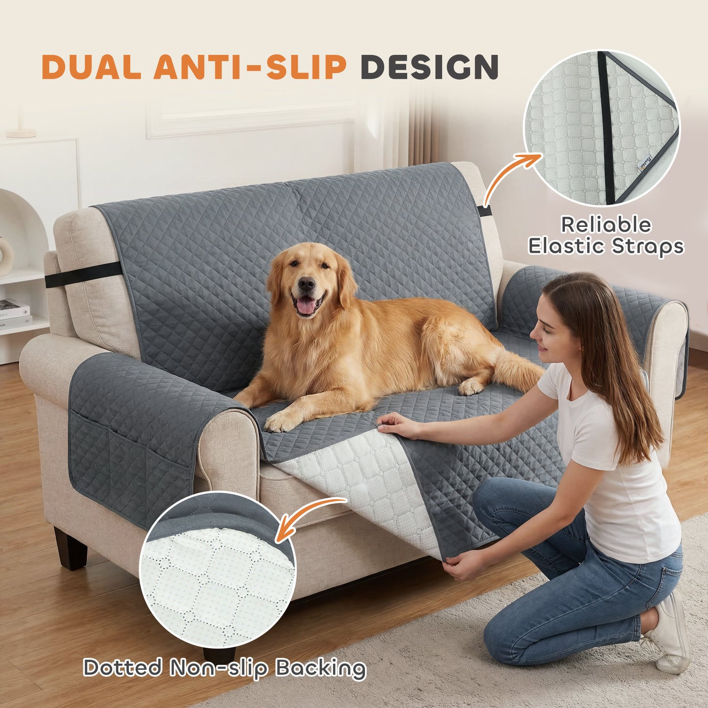 Waterproof Sofa Cover 2 Seater, Soft Couch Cover for Dogs Cats Pets, Non Slip Sofa Slipcoevr with Elastic Straps