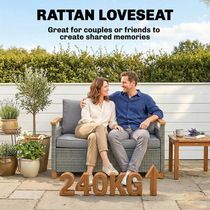 2 Seater Rattan Garden Sofa, Outdoor Sofa with Thickened Cushions and Acacia Wood Armrests, Dark Grey