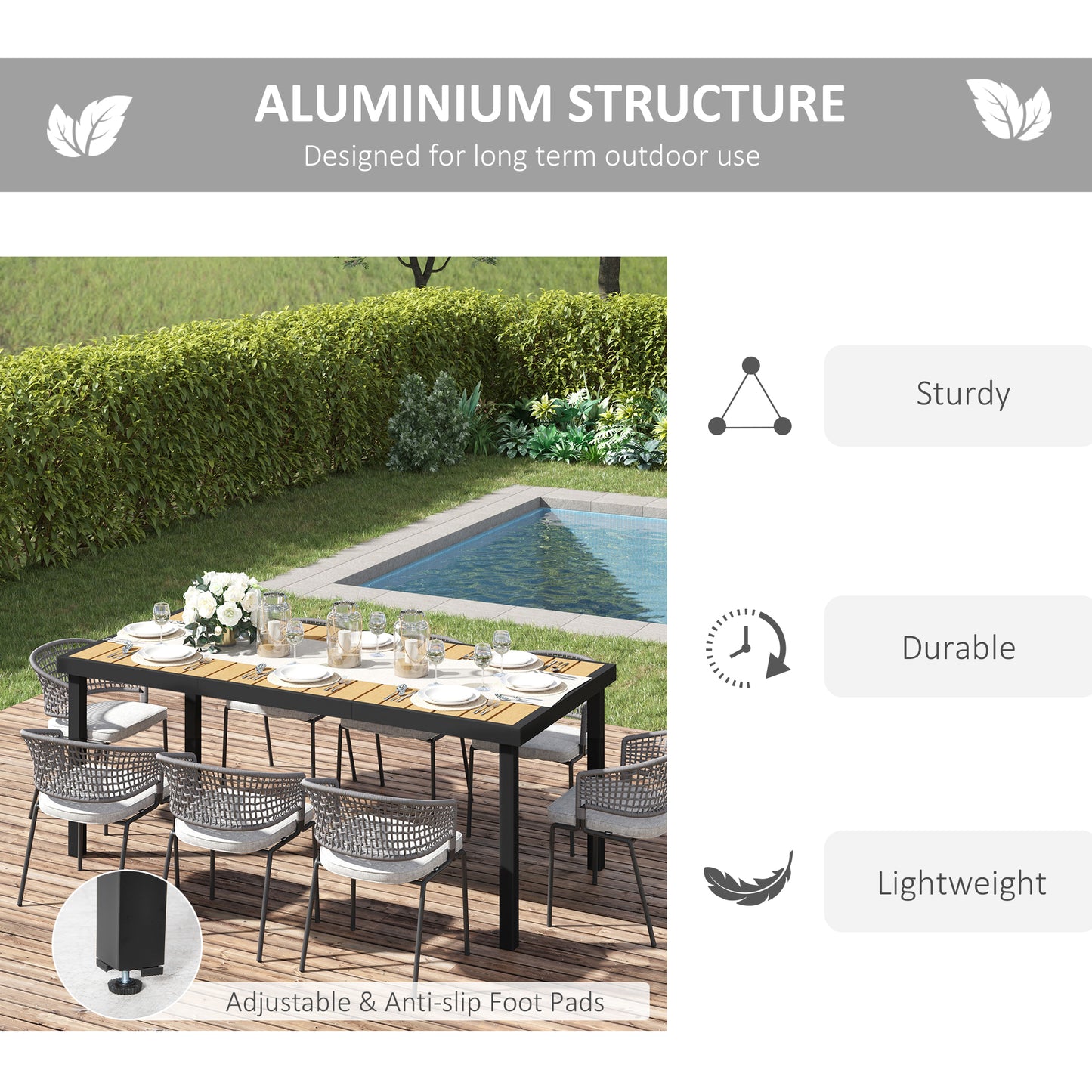 Aluminium Outdoor Garden Dining Table for 8 People, Faux Wood Top, for Garden, Patio, 190 x 90 x 74 cm, Natural